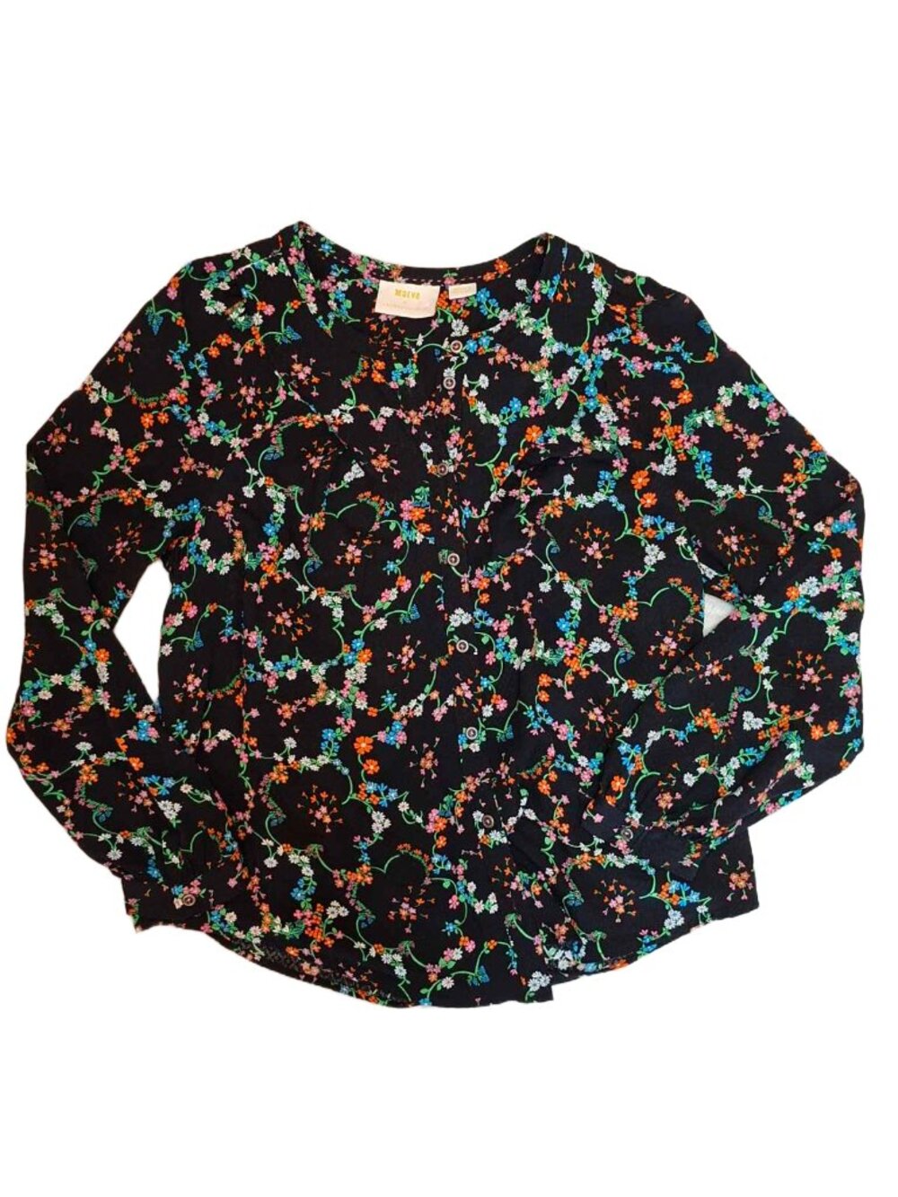 Maeve Anthropologie Rayon Black Vibrant Floral Button Down Boho Chic Blouse M